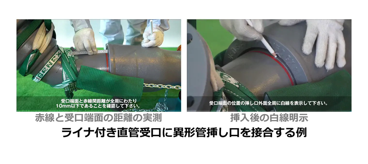 ライナ付き直管受口に異形管挿し口を接合する例（赤線と受口端面の距離の実測／挿入後の白線明示）