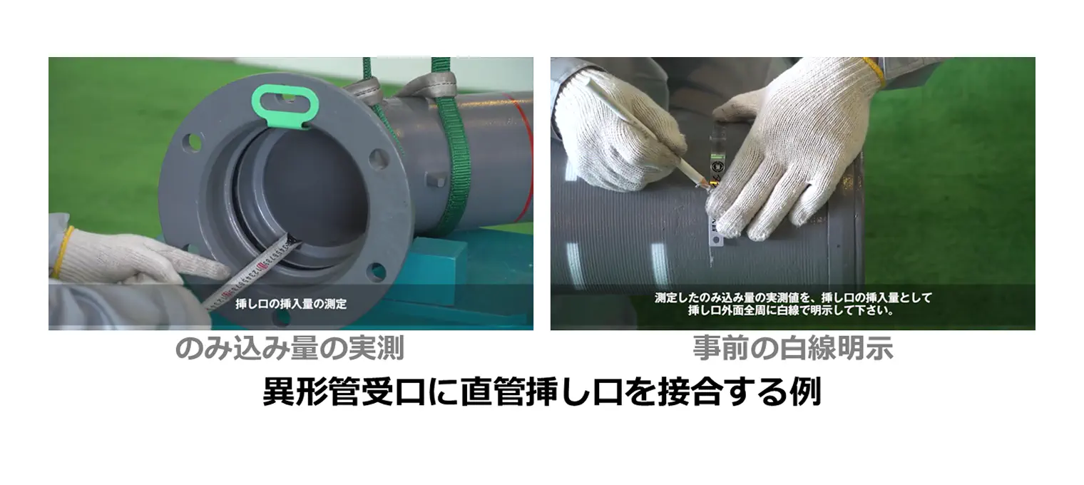 異形管受口に直管挿し口を接合する例（のみ込み量の実測／事前の白線明示）