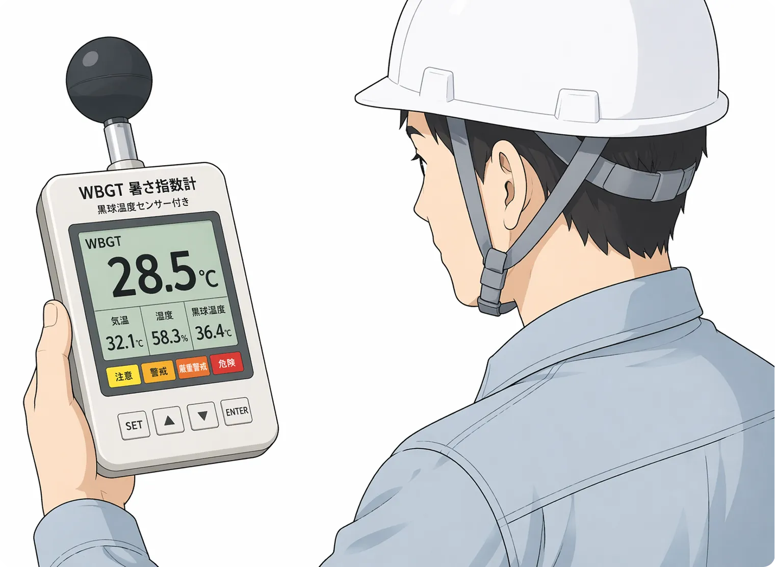 WBGT暑さ指数計（黒球温度センサー付き）に28.5℃と表示された画面と、それを確認する作業員のイラスト