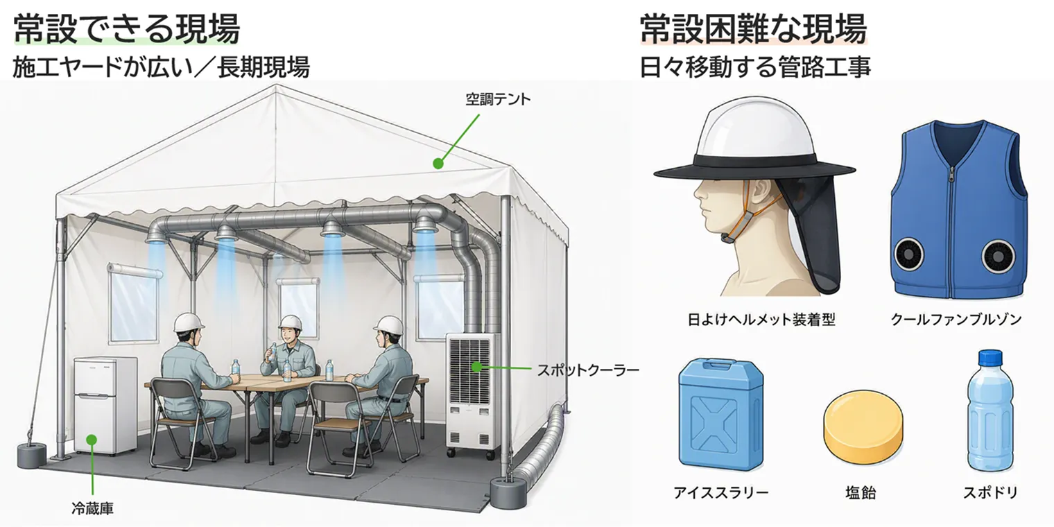 「常設できる現場」（空調テント＋スポットクーラー＋冷蔵庫）と「常設困難な現場」（日よけ付きヘルメット・クールファンブルゾン・アイススラリー・塩飴・スポーツドリンク）を左右対比した図
